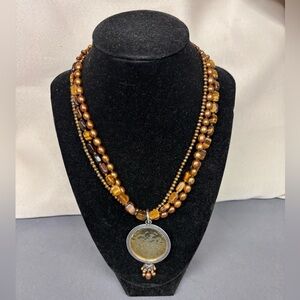 Silpada Multi-strand Tiger's Eye and Bonze Pearl Necklace w/ Brass Pendant N1838